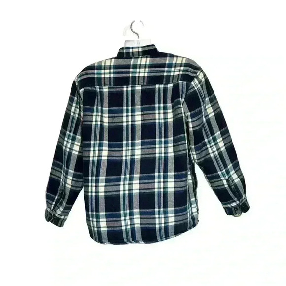 Wrangler Heavy Flannel Shacket Sherpa Lined Jacket Mens M Blue Plaid flaws - Picture 2 of 9